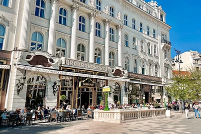 the terrace of Gerbeaud cafe on a clear morning