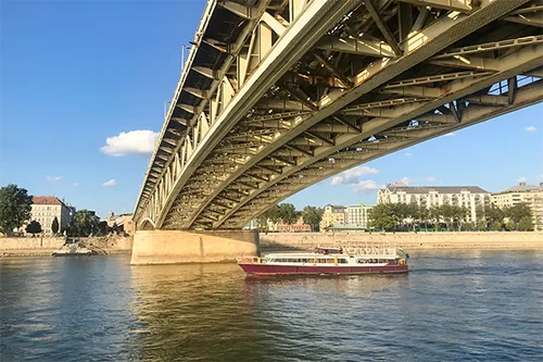 a cruise passing under Petőfi Bridge in Budapest