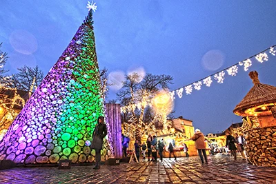 Christmas tree from tree trunks illuminated in purple and green in the main Sqr of Obuda