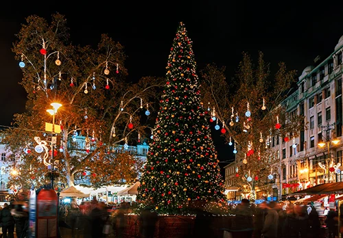 Christmas tree in Vörösmarty square with the decor light switche dup in the dark