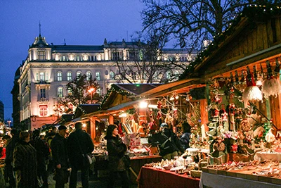 the Christmas fair in Budapest's Vörösmarty Square at the blue hour