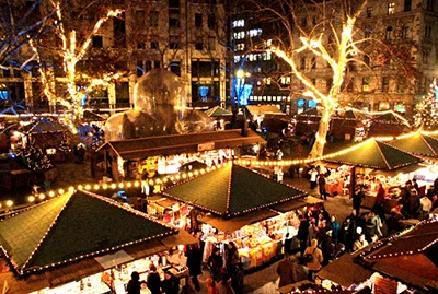 the Christmas Market all lit up for the night