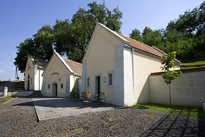 3 cellars in Tokaj - Chateau Dereszla estate on a clear sunny day