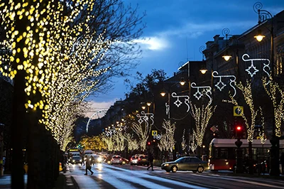 Christmas lighting turned on in Andrássy Avenue in the evening
