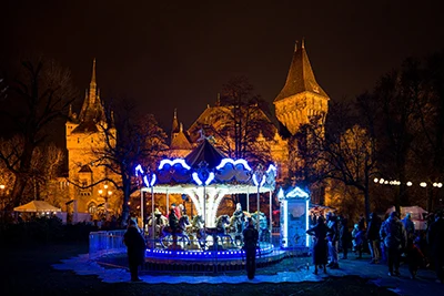 Christmas atmosphere at night in front of Vajdahunyad castle in Budapest's city park