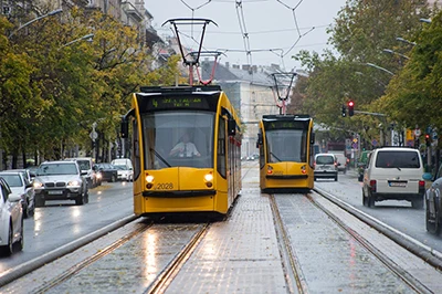 trams 4 and 6 in Budapest on a rainy day