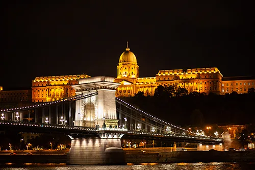 The Chain Bridge and Buda Castle illuminated at night