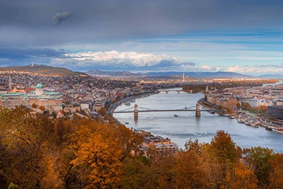 birds1 eye view of Budapest with the Danube and the Chain Bridge in late autumn