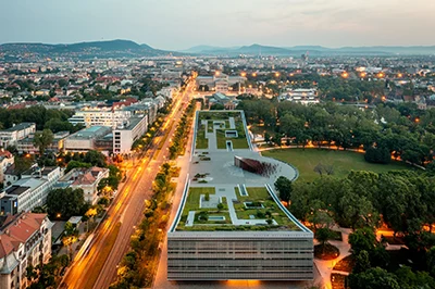 aerial view of the Hungarian Ethnography Museum on an autumn evening