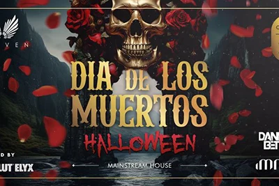 poster for the Halloween party at Heaven Club: a skull with red rose petals falling down around it