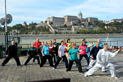 a group of people doing tai chi on the Danube Corso, Buda Castle can be seen in the background