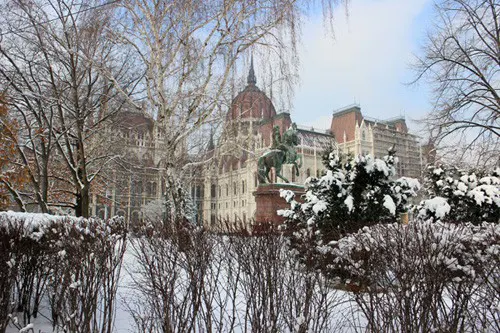 Part of Budapest Parliament on a snowy winter day
