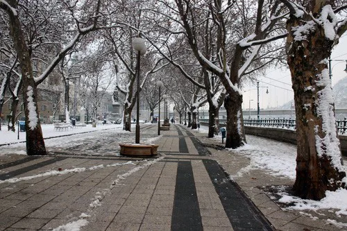 the tree lined Danube Promenade covered in some snow