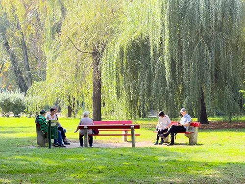 People relaxing on red benches