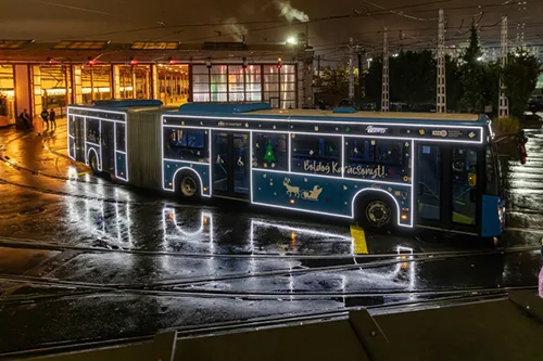 blue public transport bus with LED light decor