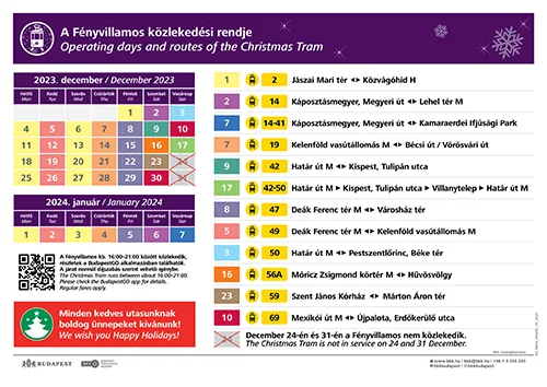 Colour-coded timetable of the Christmas trams in Budapest in the 2023/24 holiday season