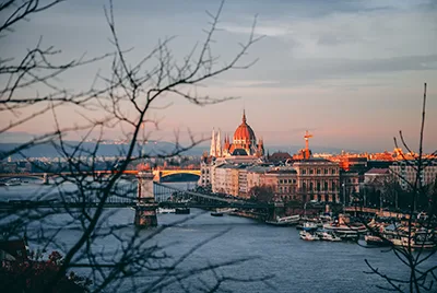 View of the Danube and the Parliament on a partly cloudy winter day