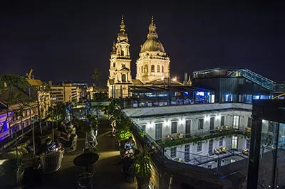 view of the Basilica's towers at night from High Note Skybar