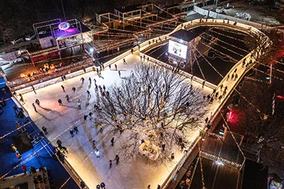 birds' eye view of the ice rink in Budapest Park at night