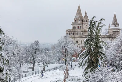 Fishermen's Bastion and surrounding area covered in snow