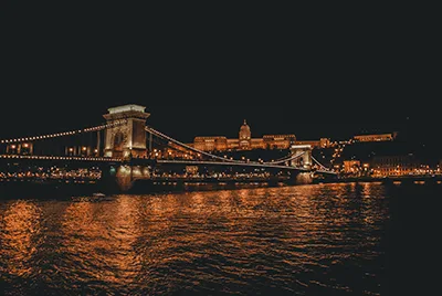 night panorama of the Danube with the Chain Bridge and the Buda Castle in the background