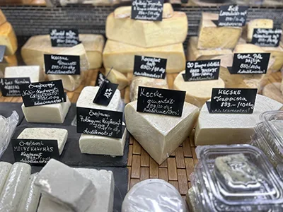 a selection of various cheeses possibly in a food market