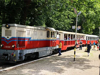 the white blue and red Children's Railway train in the Buda Hills