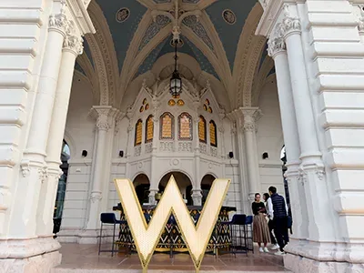 a big "W" logo on the terrace of the W Budapest hotel's restaurant