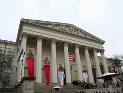 commemoration at the Hungarian National Museum on March 15 - the entrance of the museum is festively decorated with the national flag and pictures of important people of the revolution of 1848