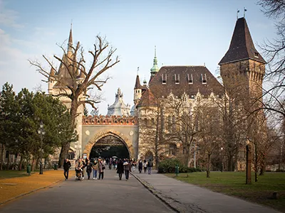 front view of Vajdahunyad Castle with the portcullis gate on an autumn afternoon