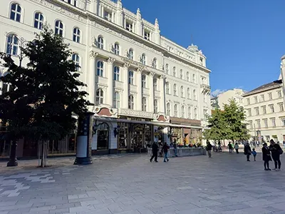 The off whiet building of the Gerbeaud Cafe in Vorosmarty Square
